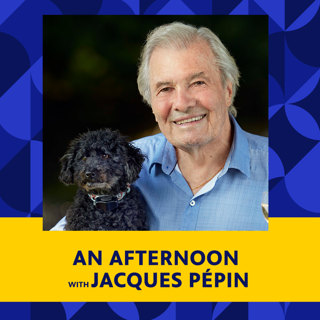 Jacques Pépin and a small black dog